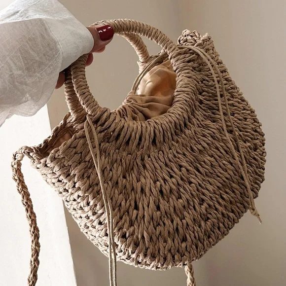 Boho Straw Top Handle Woven Handbag - Picture 7 of 10